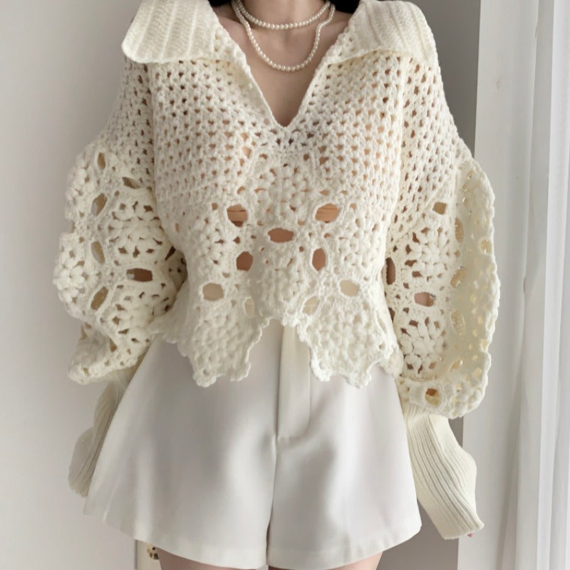 Loose Design Sense Niche Lantern Sleeve Crocheted Hollow Sweater Women's Outer Wear