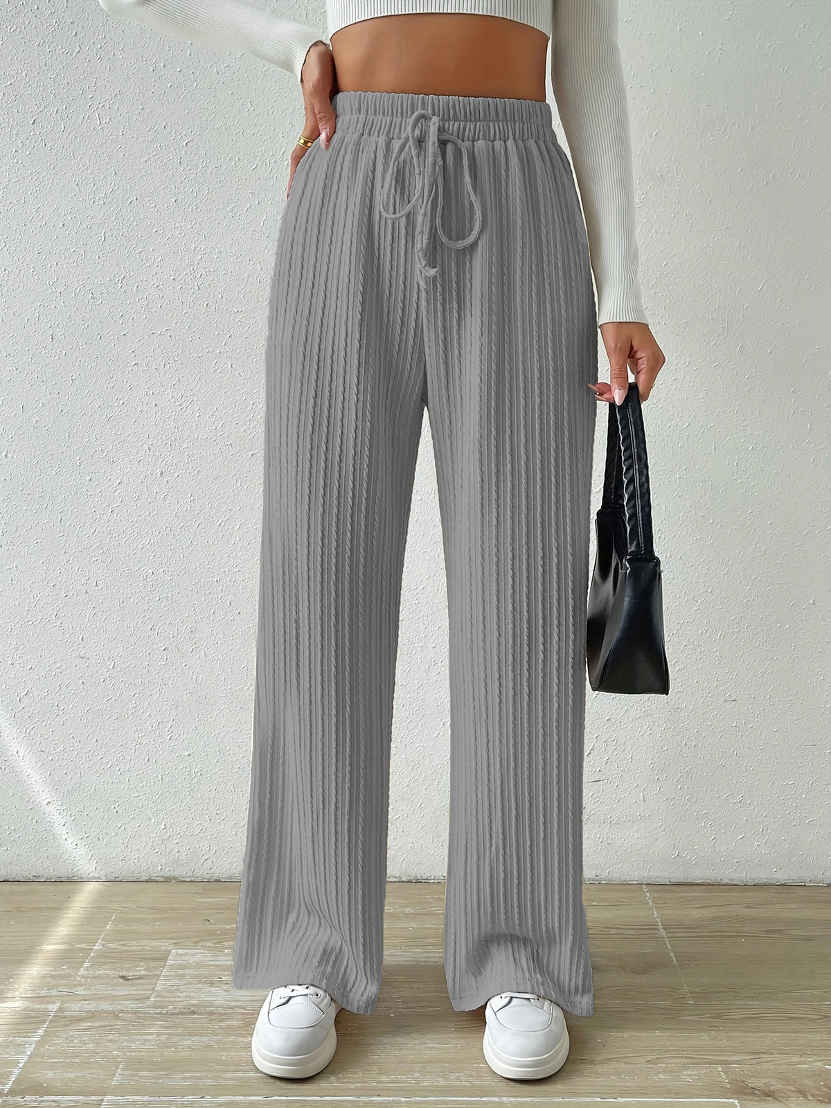 Knot Waist Texture Knitted Wide Leg Trousers Women's Clothing