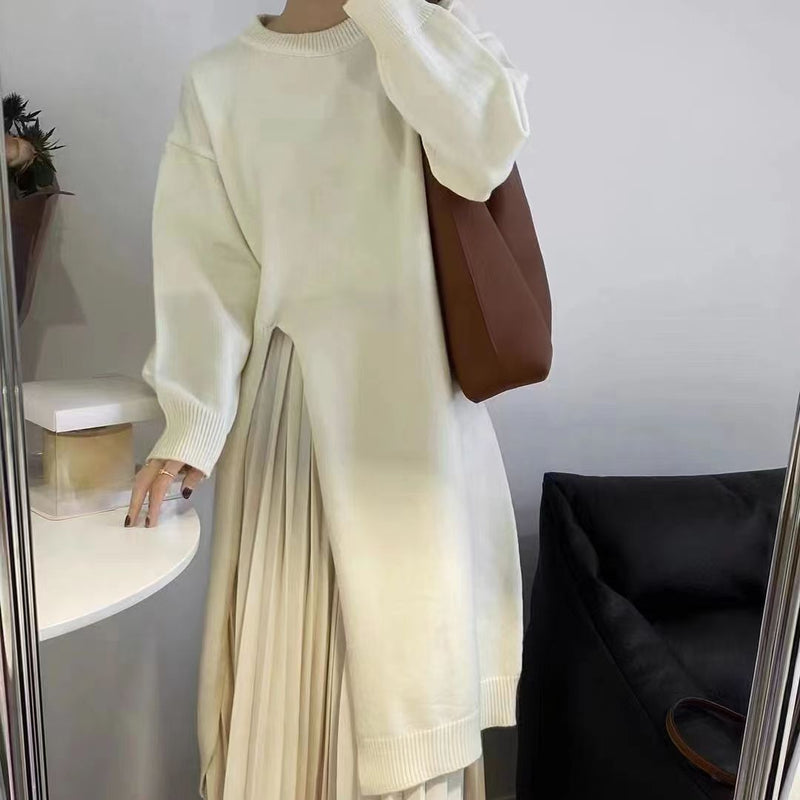 Autumn And Winter Loose Side Slit Long Knitted Sweater Dress