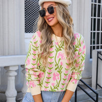 Jacquard Branch Round Neck Knitted Fashion Sweater Women