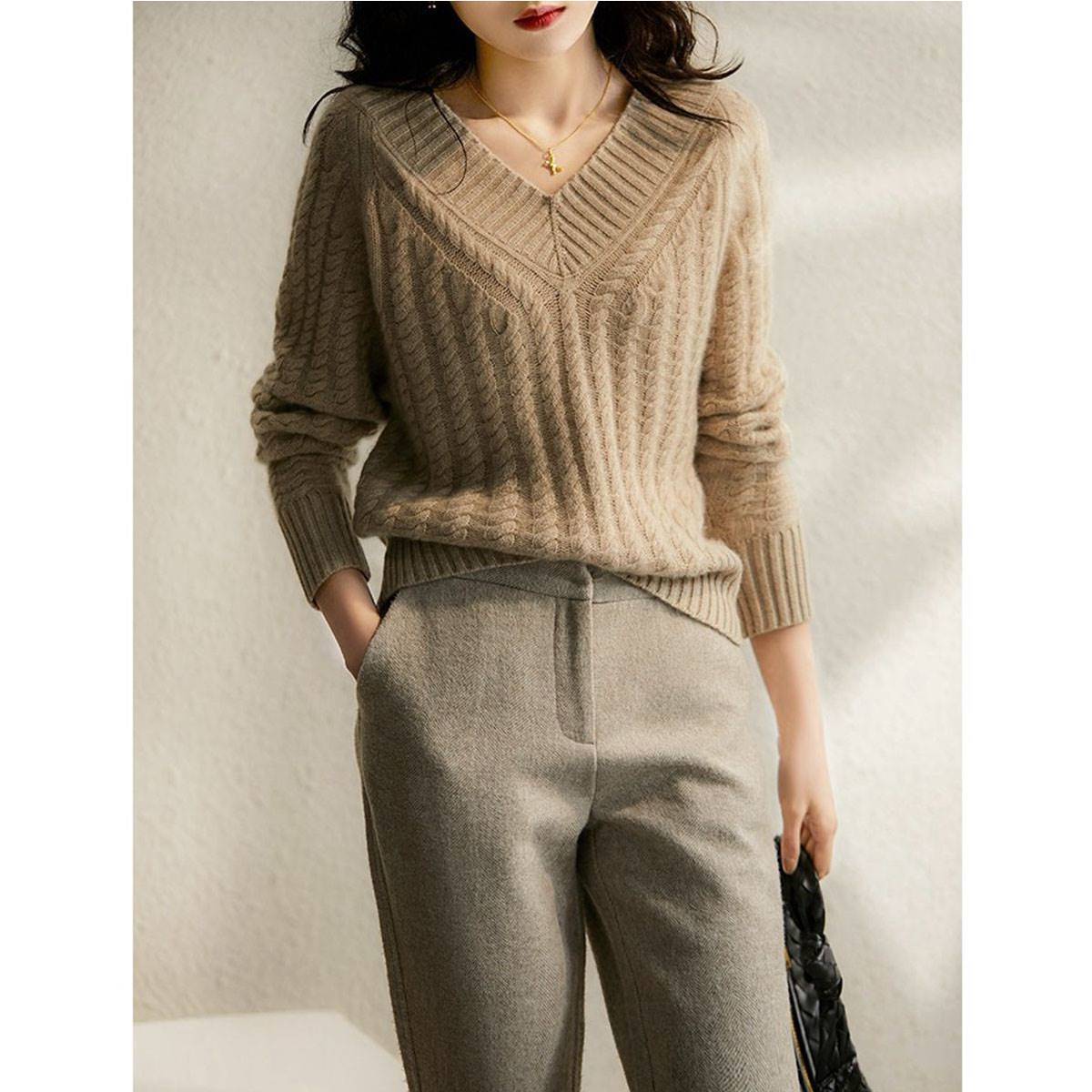 Soft Glutinous Twist Autumn And Winter Lazy Style Loose V-neck Sweater