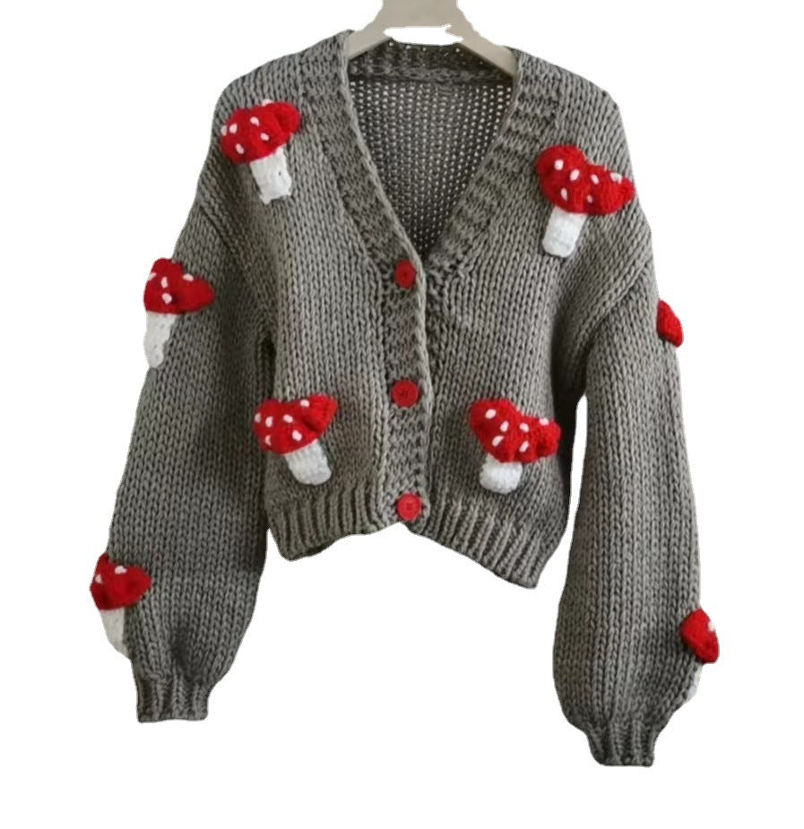 Loose Sweet Tridimensional Mushroom Crochet Short Sweater Cardigan