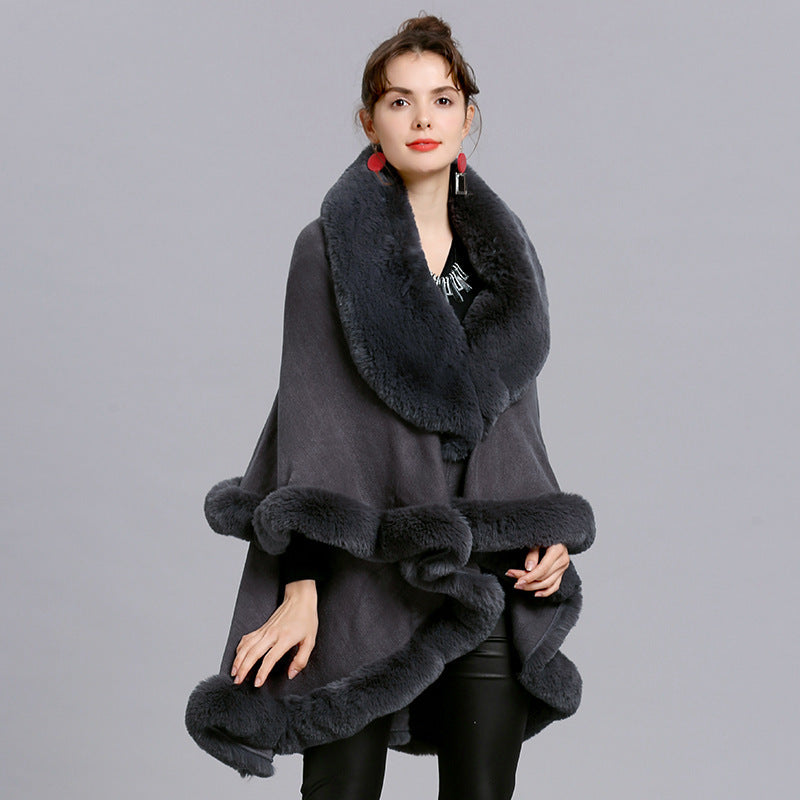 Fur Shawl And Fur Collar Knitted Cardigan Shawl Cloak