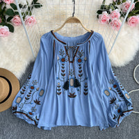 Embroidery Slimming Doll Top Female Round Neck Pullover Shirt