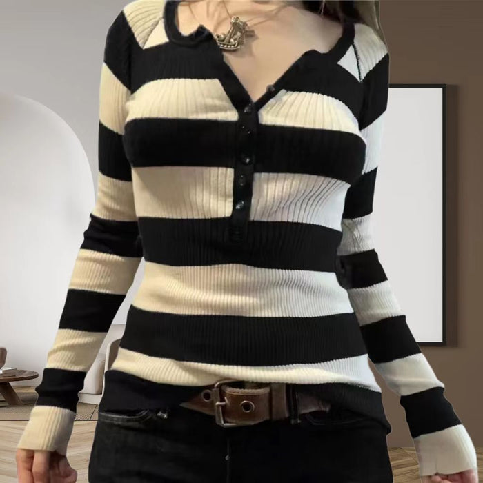 Commuter Contrast Color Striped Top Casual Versatile Loose Slimming Sweater