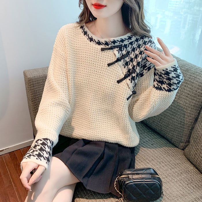 Design Sense Niche Houndstooth Contrast Color Stitching Women's Sweater