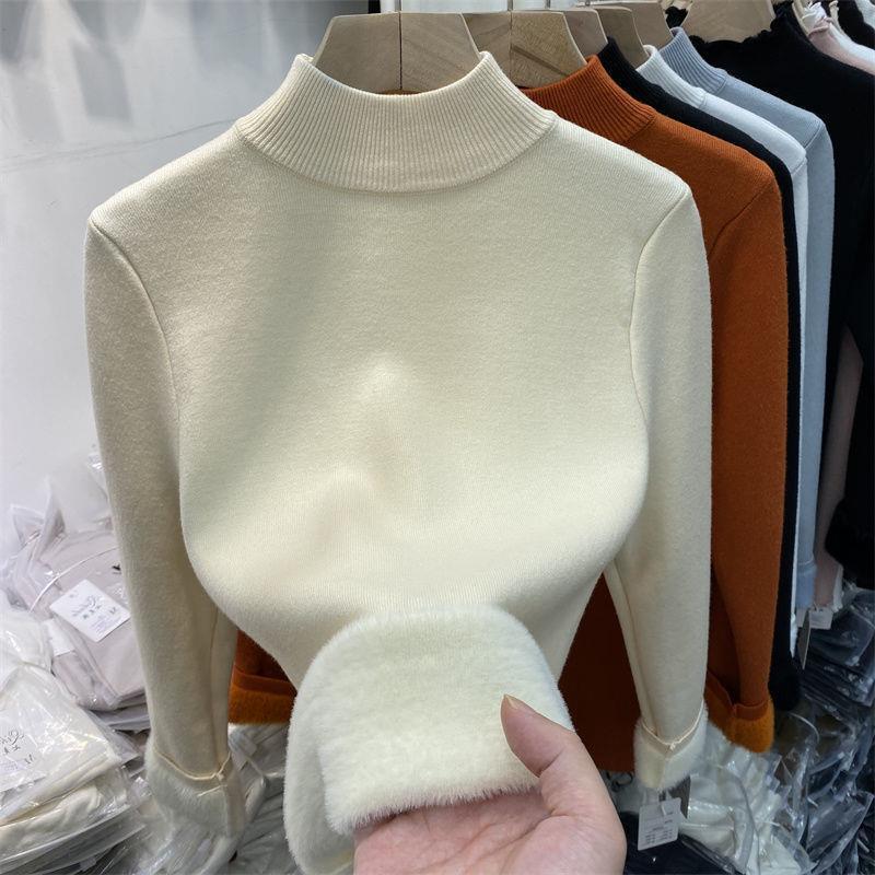 Women's Autumn Plush Thickened Half High Collar Solid Color Knitted Undercoat Sweater