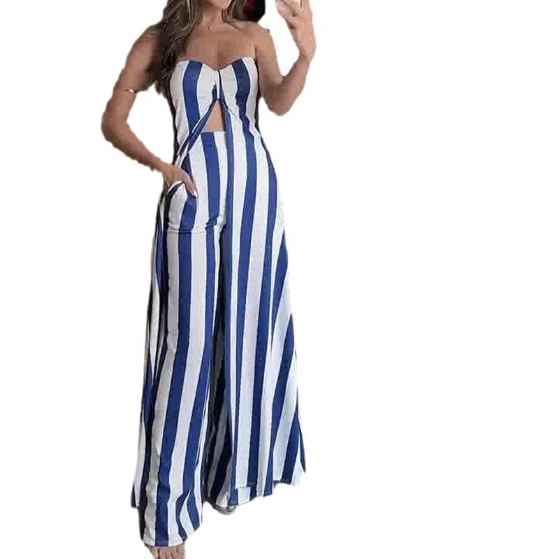 Striped Tube Top Cross Pleated Suit