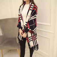 Plaid Mid-length Cardigan Women's Knitted Tassel Shawl Coat Women