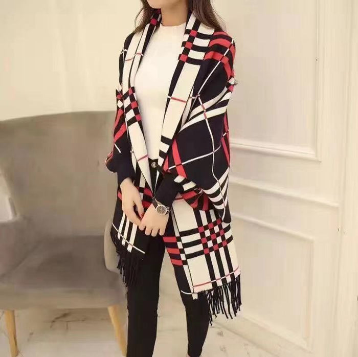 Plaid Mid-length Cardigan Women's Knitted Tassel Shawl Coat Women