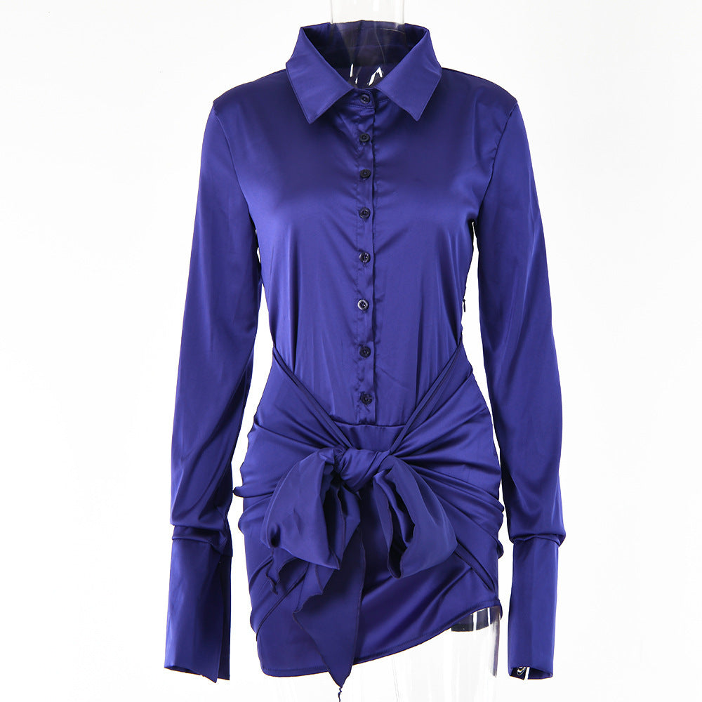 Women's Lace-up A- Line Lapel Long Sleeve Temperament Dress