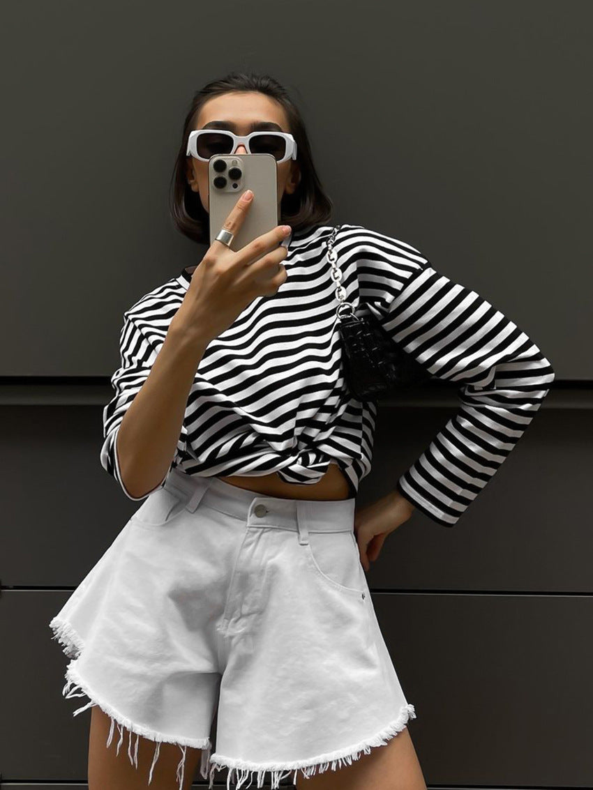 Women's Fashion Loose Casual Striped Long-sleeved T-shirt