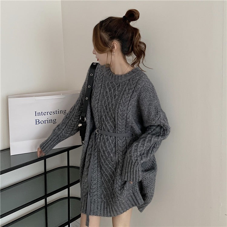 Women's Loose Twist Belt Long-sleeved Mid-length Sweater