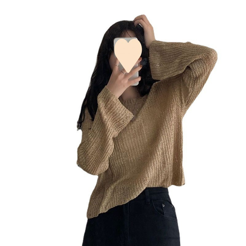 Women's Knitwear Autumn New Korean Style Ice Silk Hollow-out Knitted Blouse Outer Wear Thin Pullover Long Sleeve Sweater Fashion