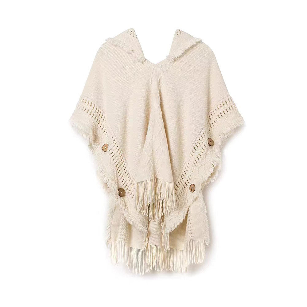 Fringed Sweater Shawl Sweater Women's Creamy-white Cloak