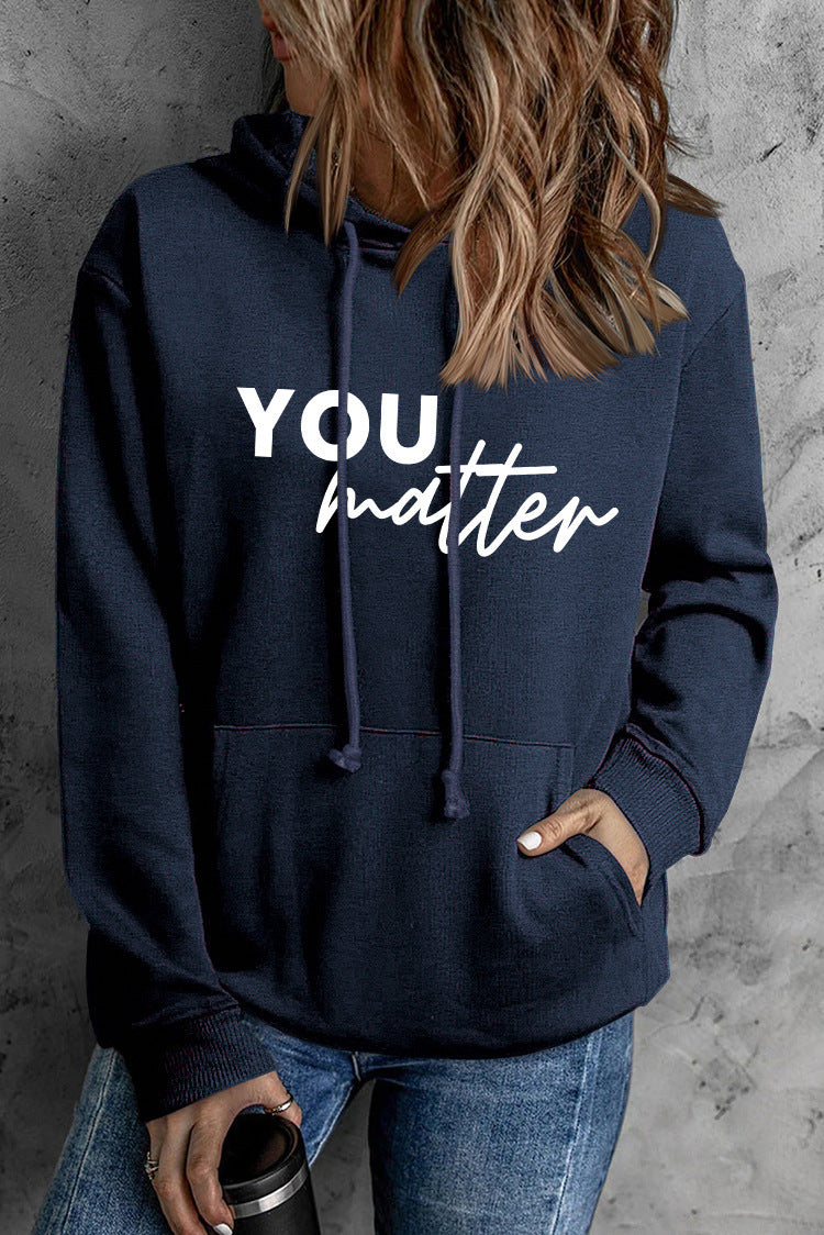 Front And Back Letters Women's Printed Wear Hooded Pocket Pullover Sports Long Sleeve