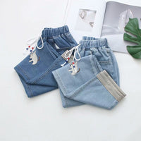 Old elastic waist lace up embroidered star denim pants