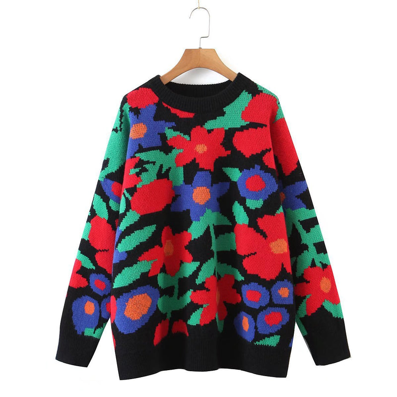 Women's Fashion Embroidered Crew Neck Loose-fitting Long Sleeve Sweater