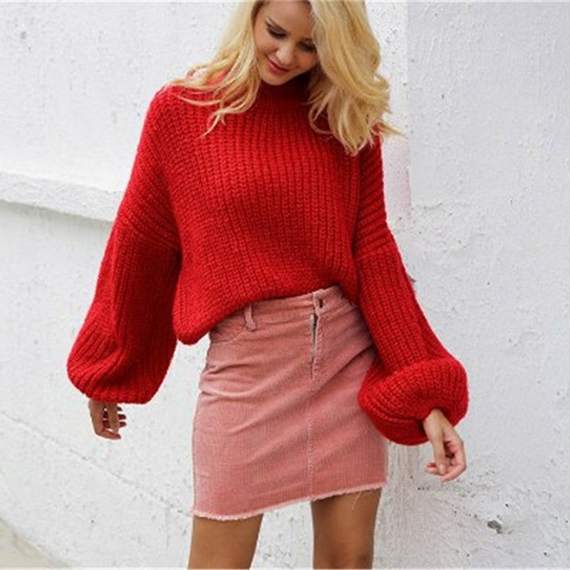 Women's Fashion Solid Color Lantern Sleeve Sweater