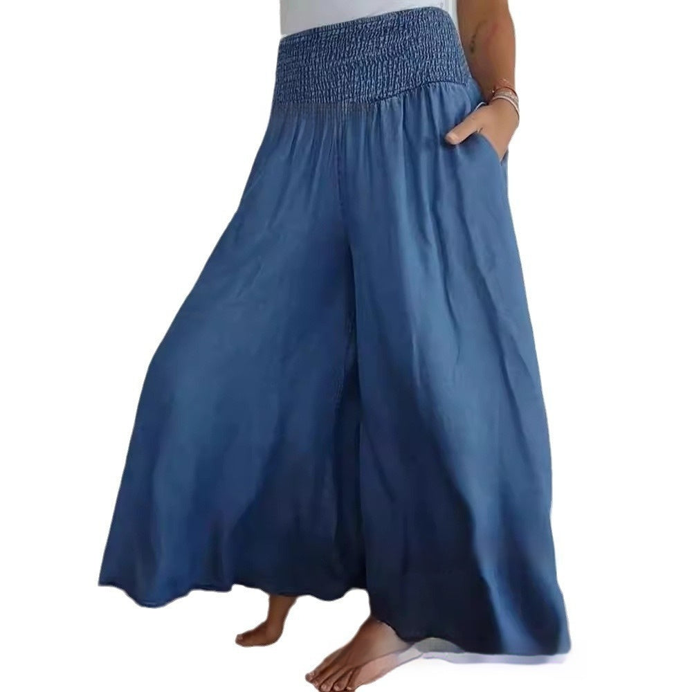 Casual High Waist Smocking Wide Leg With Pockets Denim Women's Pants