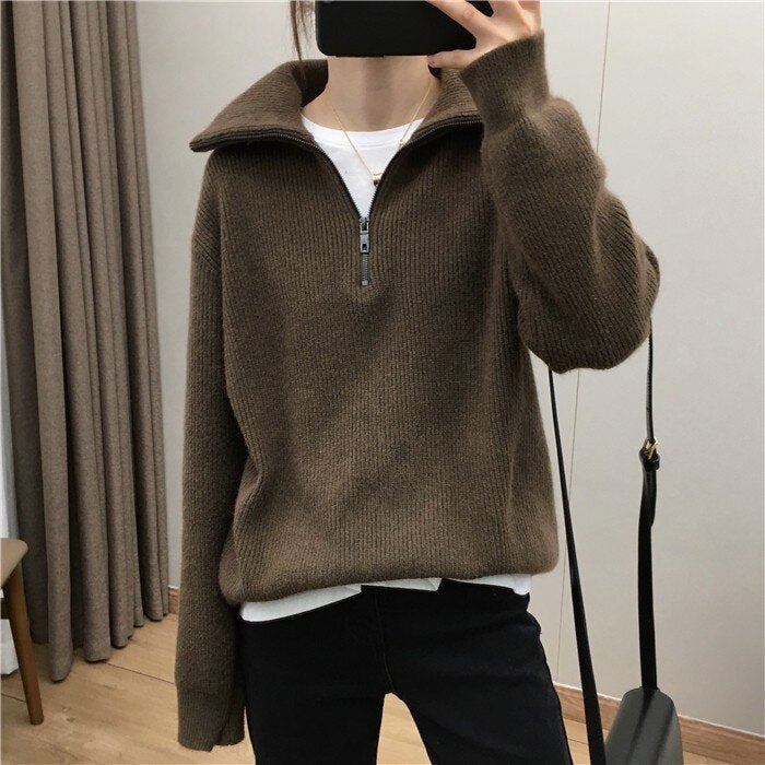 Elegant Large Lapel Zipper Pullover Sweater For Women