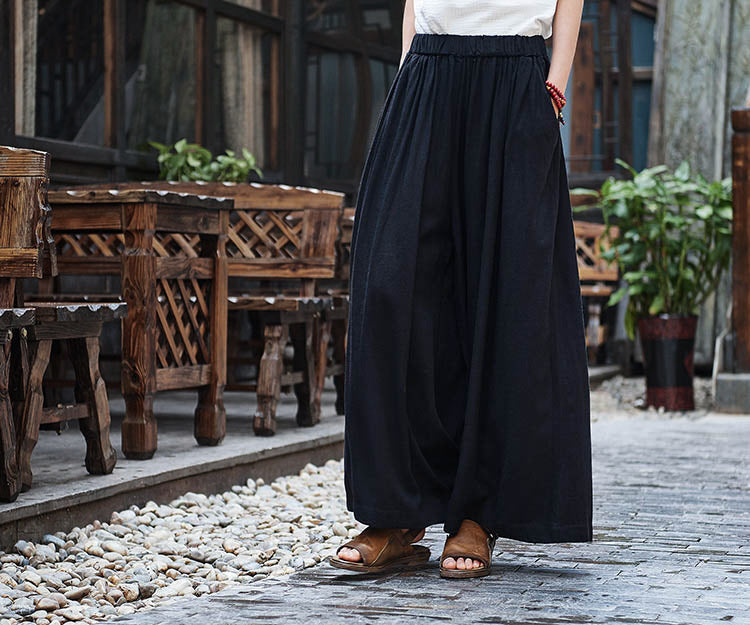 Linen Slim-looking Stone Washed Trousers Yoga Travel Culottes