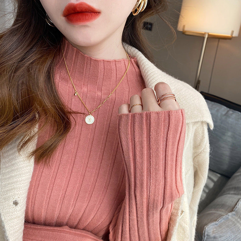 Hollow Striped Mock-neck Bottoming Shirt Women's Sweater