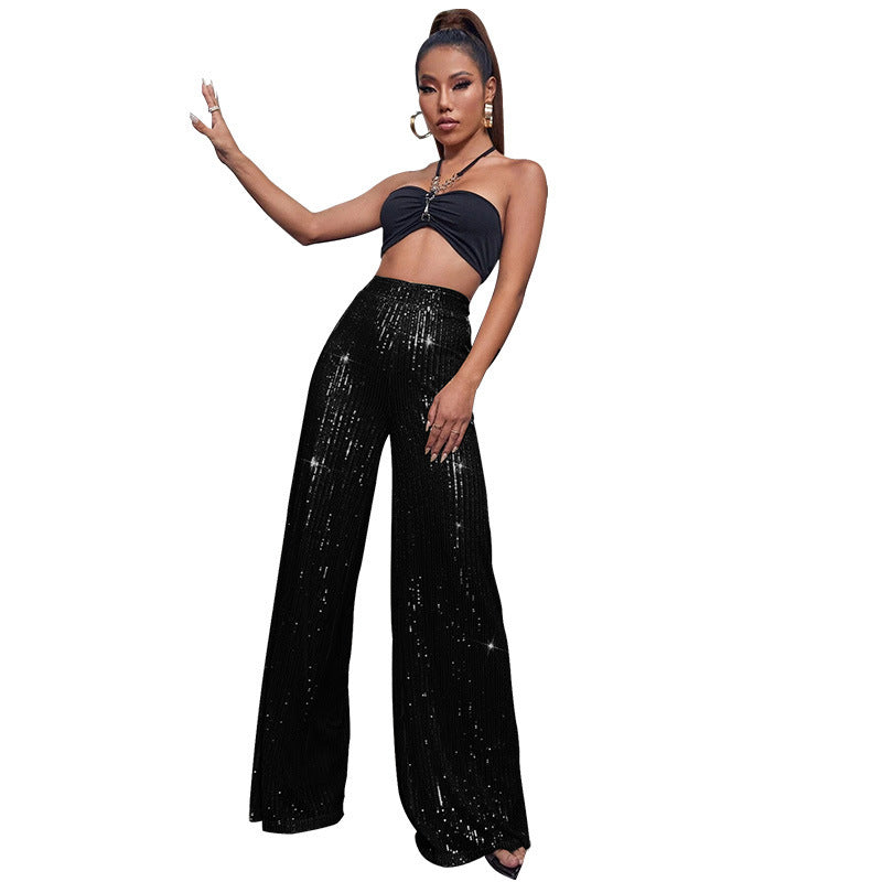 High Waist Casual Pants Sequins Loose-fitting Drape