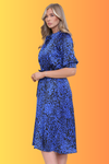 Blue Leopard Print Short Sleeve Satin Shirt Dress