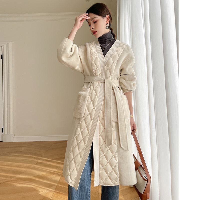 Cashmere Coat Down Jacket Women's Stitching White Goose Down Mid-length Coat