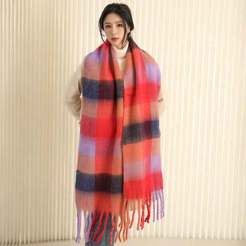 European And American Mohair Plush Warm Leisure Versatile Lattice Scarf