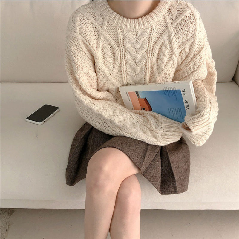 Lazy Apricot Retro Twist Round Neck Sweater