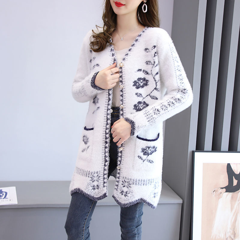 Autumn And Winter Cardigan Knitwear Women's Mid-length Sweater Coat