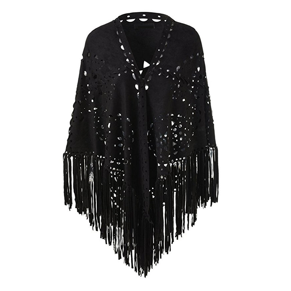 Stretch Suede Fringed Shawl Cape All-match