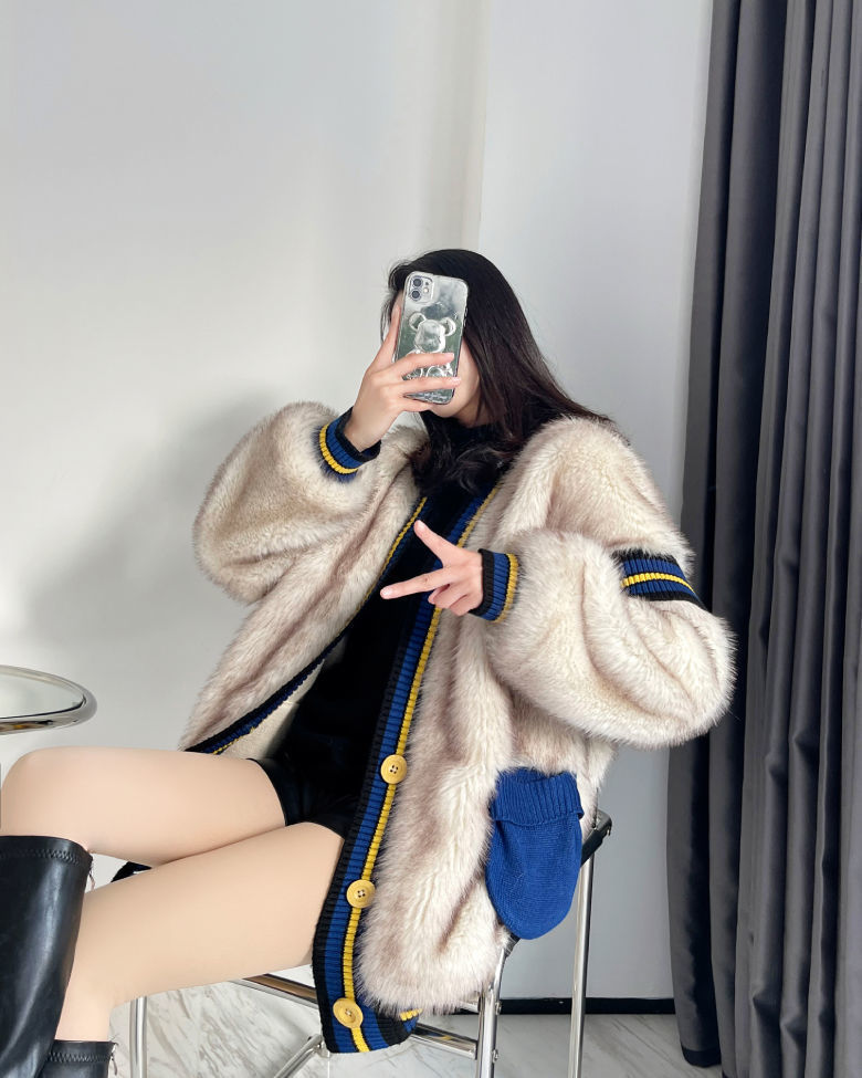 Single Breasted Fur Patchwork Wool Coat