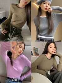 Leggings Knit Women Slim Color Contrast Crewneck Long Sleeve Inside Top