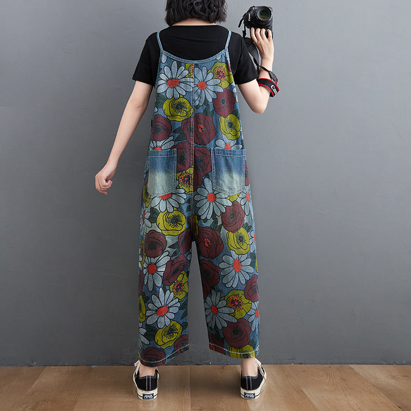 Korean New Literary Style Jeans Printed Suspenders Women