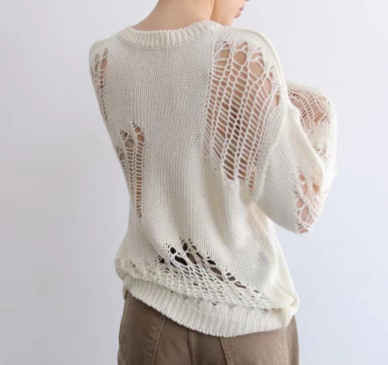 Women's Hollow-out Long-sleeved Knitted Blouse Ripped Sweater