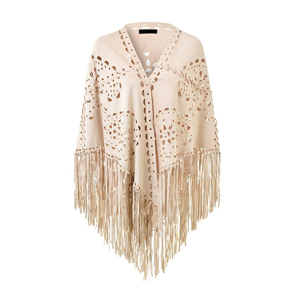 Stretch Suede Fringed Shawl Cape All-match