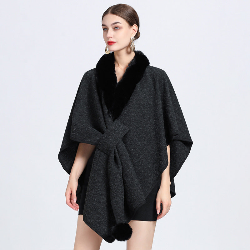 Imitation Rex Rabbit Fur Collar Cape And Shawl Female Loose Knitted Cardigan