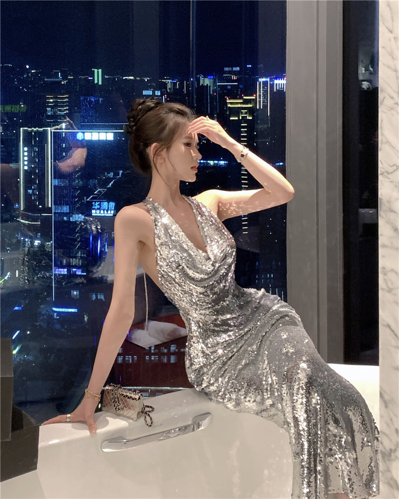 Glitter Silver Dress High-grade Light Luxury Evening Dress