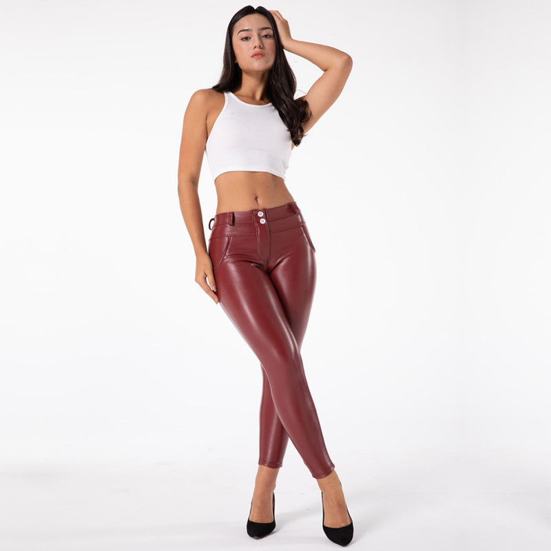 shascullfites melody Hip Push-Up Pants Four-Way Stretch Leggings burgundy vegan leather leggings booty shaping effect