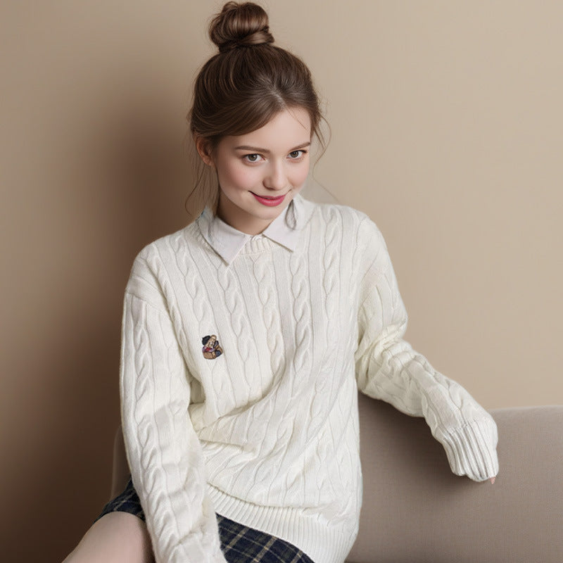 Bear Embroidery Round Neck Sweater For Women Style Lazy