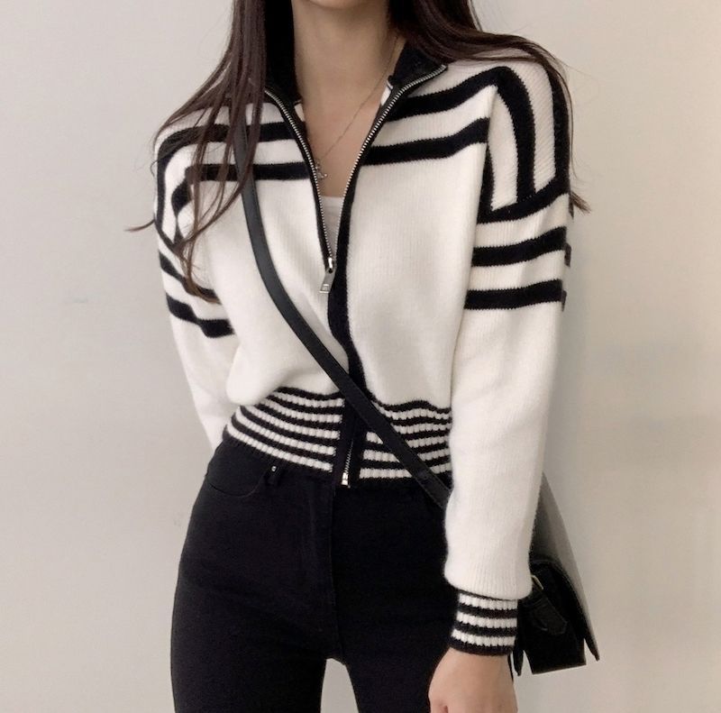 Spring And Autumn Retro Contrast Color Zipper Stand-up Collar Cinched Cropped Sweater Coat