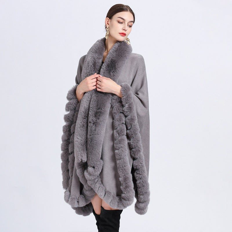 Rex Rabbit Fur Collar Shawl Irregular Oversized Knitted Cardigan Baggy Coat