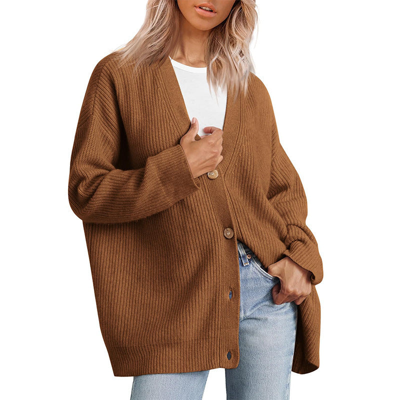 European And American Style Simple All-match Knitted Button V-neck Solid Color Sweater