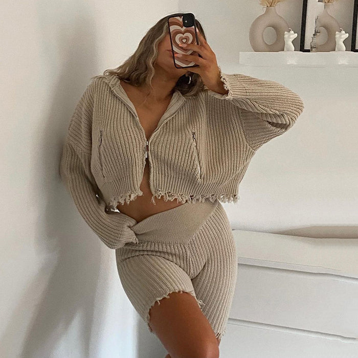 New Sweater Women's Core Yarn Cardigan Long-sleeved Tops High-waisted Tight-fitting Shorts