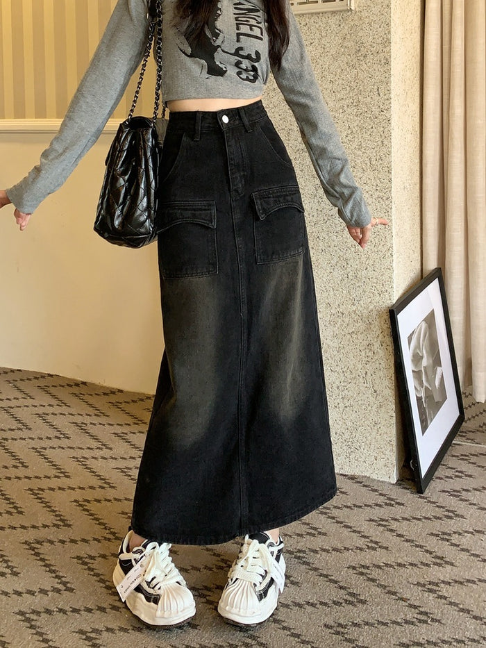 Retro Design Straight Hip Skirt Black Mid-length