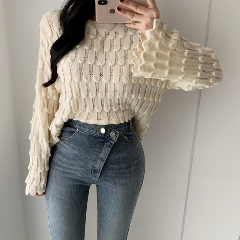 Round Neck Sleeve Feather Flared Sleeve Sweater Women