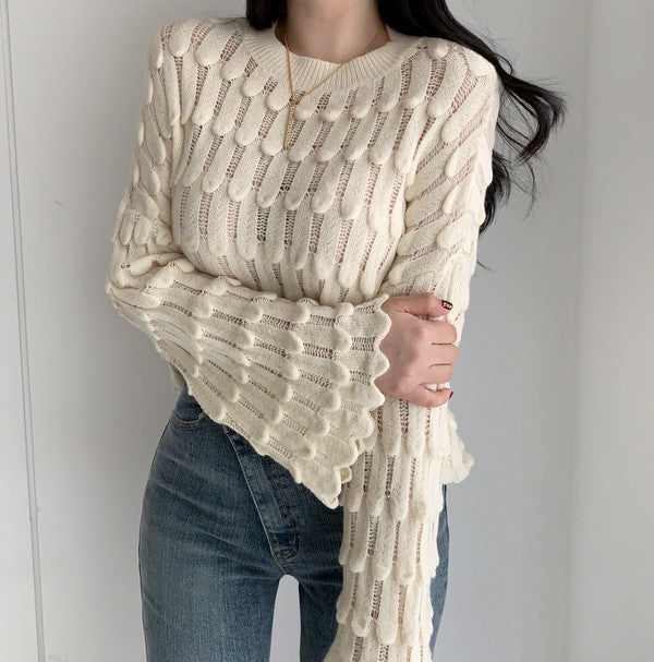 Round Neck Sleeve Feather Flared Sleeve Sweater Women